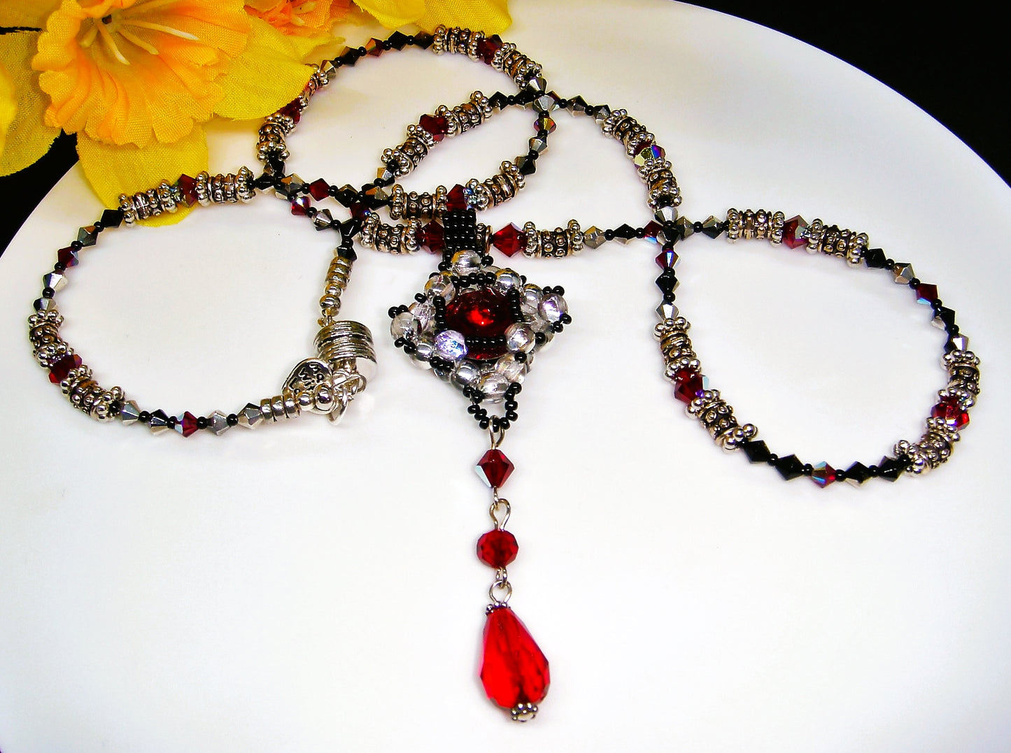 Black and Red Gothic Beaded Necklace and Pendant