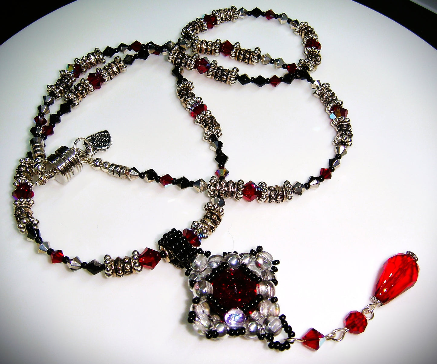 Black and Red Gothic Beaded Necklace and Pendant