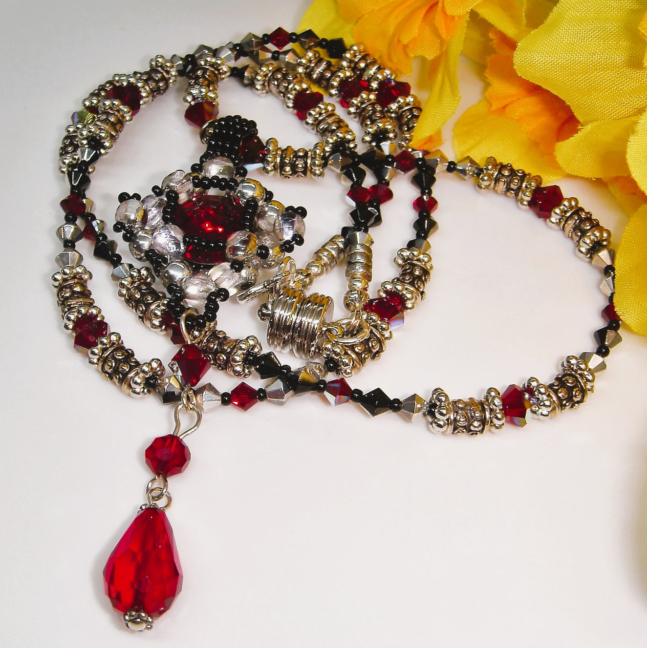 Black and Red Gothic Beaded Necklace and Pendant