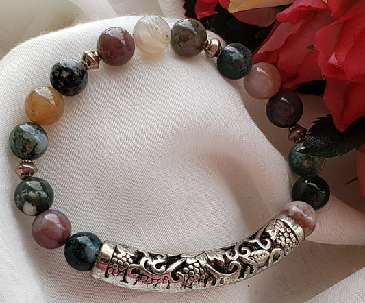 Indian Agate Bracelet with Etched Silver Tone Tube Focal