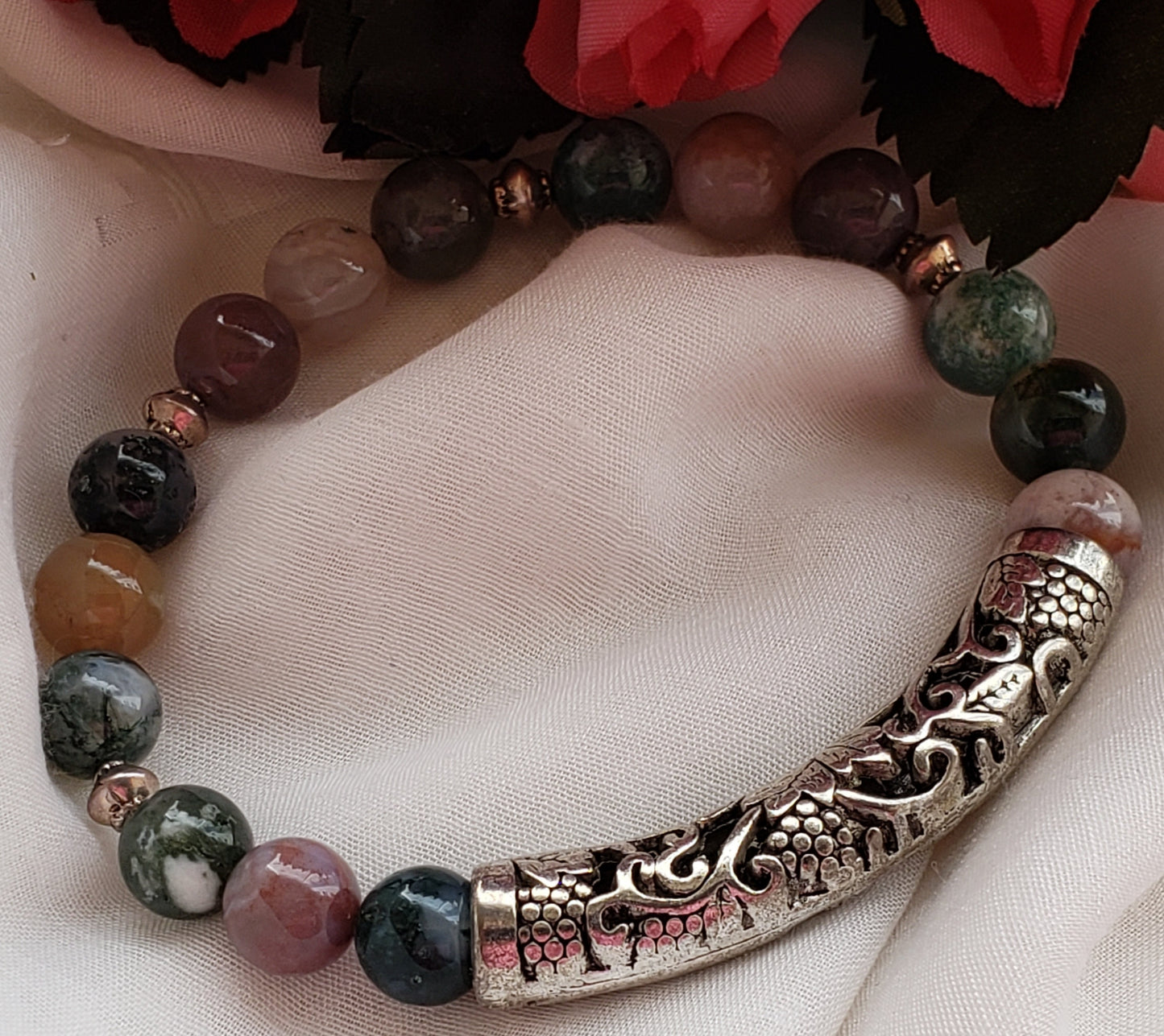 Indian Agate Bracelet with Etched Silver Tone Tube Focal