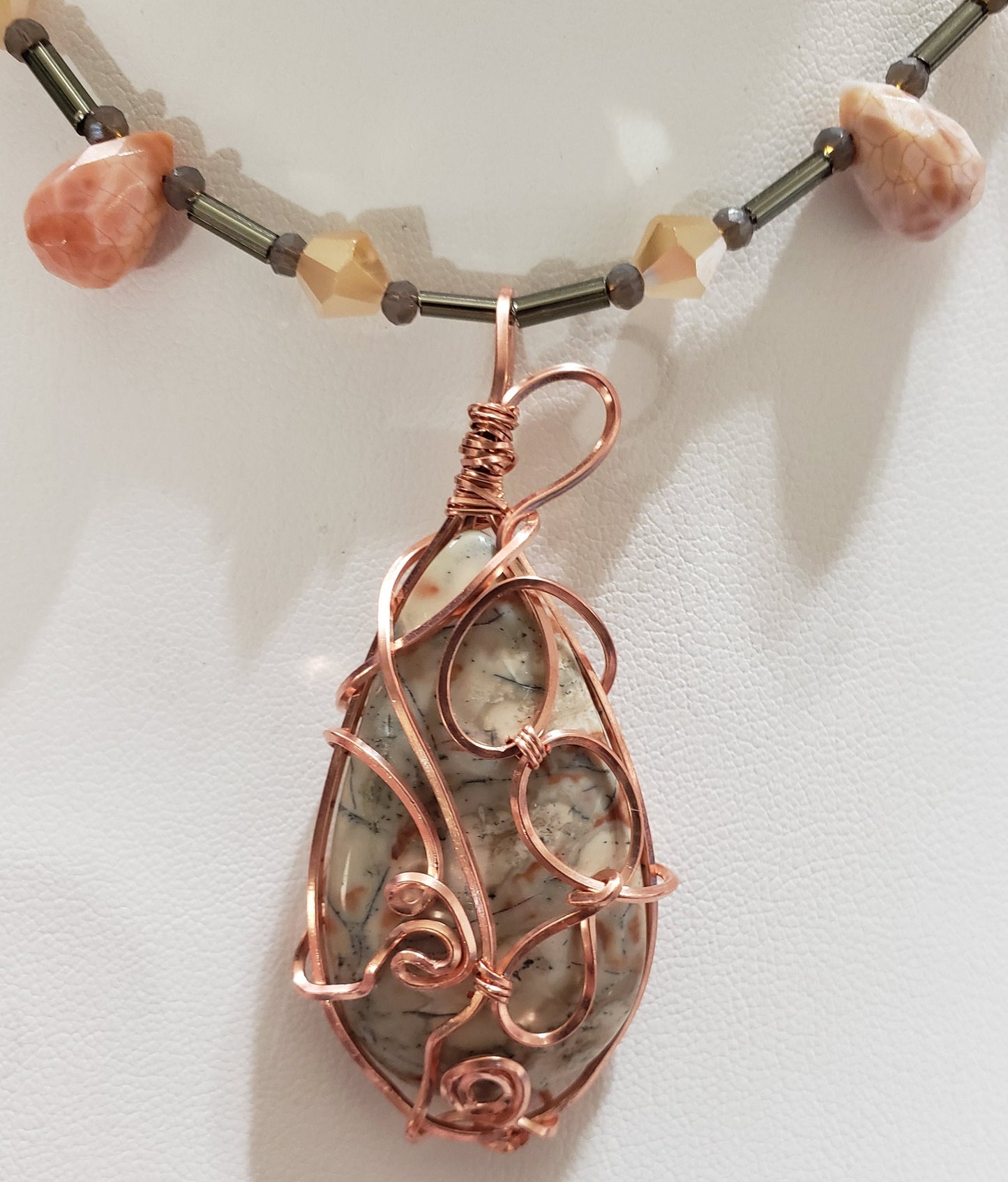 Fire Agate Necklace with Rose Gold Tone Wire Wrapped Natural Gemstone Pendant