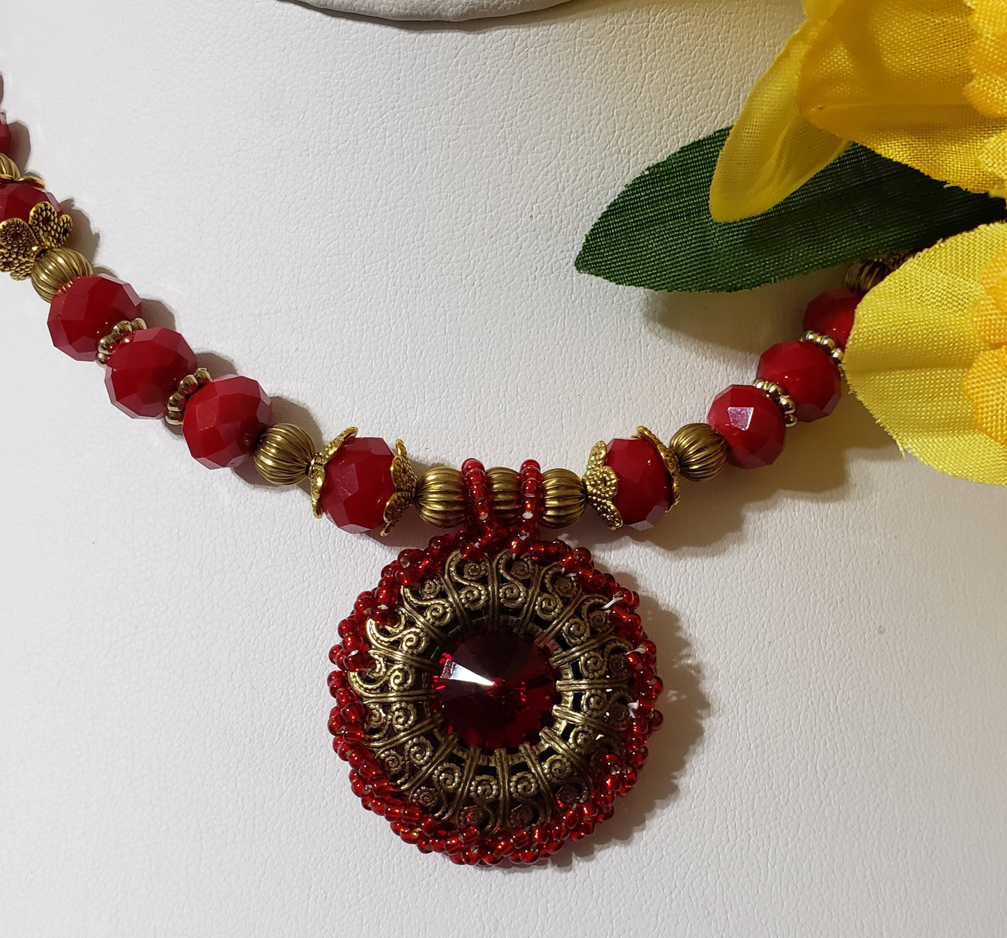 Ruby Red Beaded Necklace with Swarovski Siam Rivoli