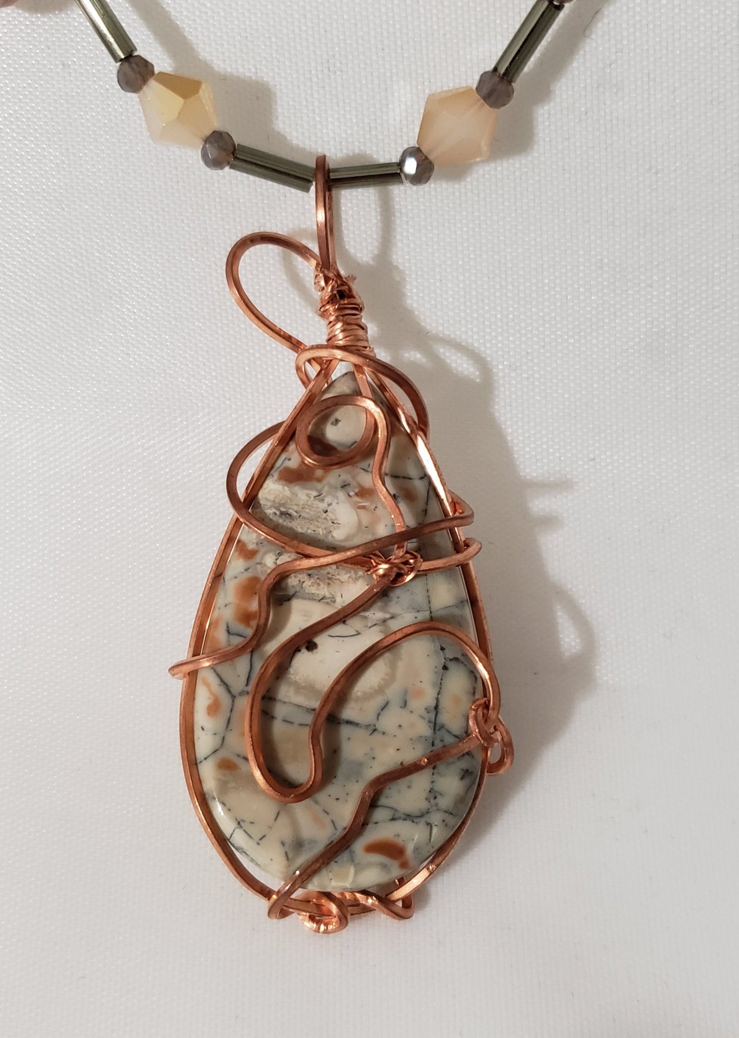 Fire Agate Necklace with Rose Gold Tone Wire Wrapped Natural Gemstone Pendant
