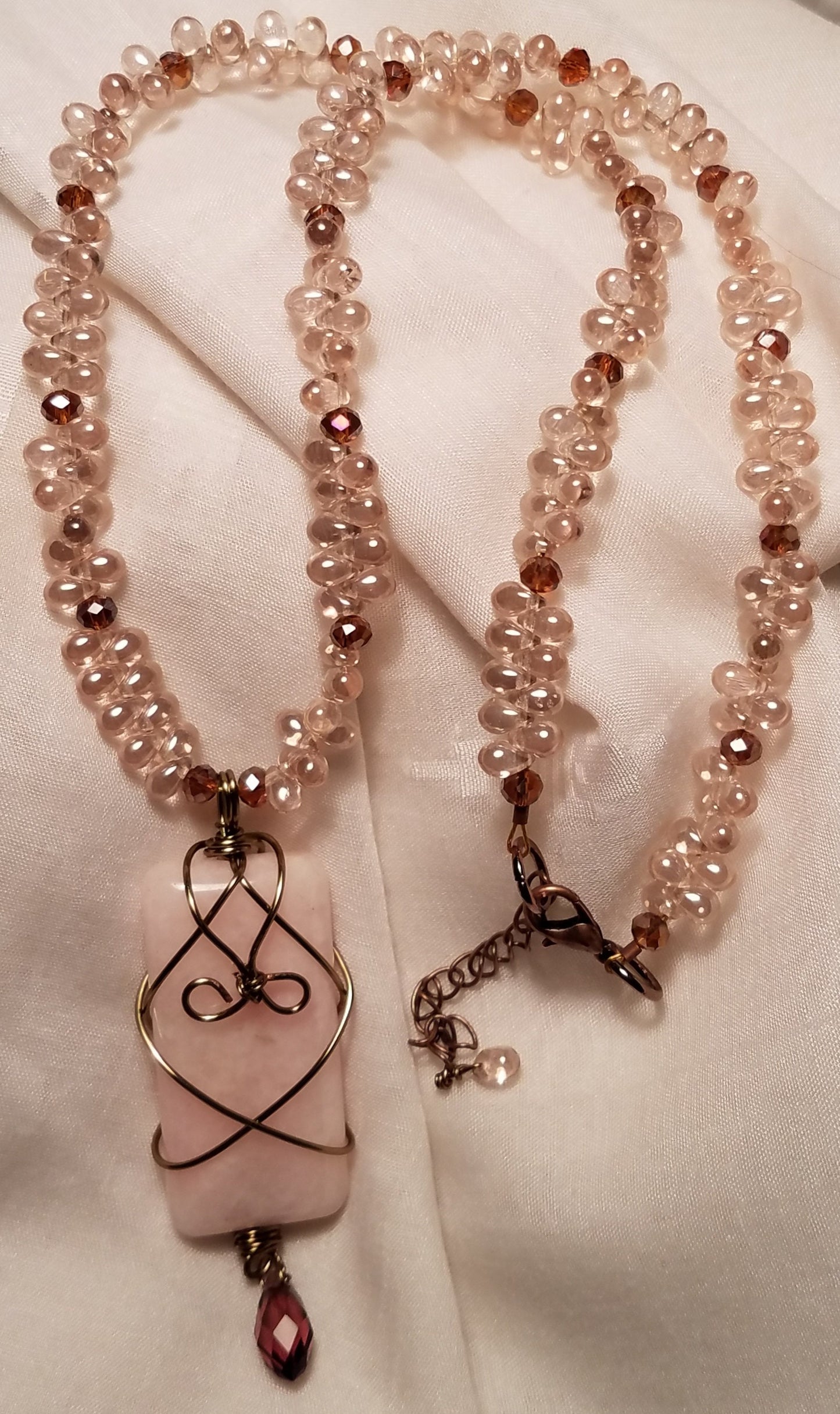 Rose Quartz Pendant with Antique Brass Wire Work and Drop Bead Necklace