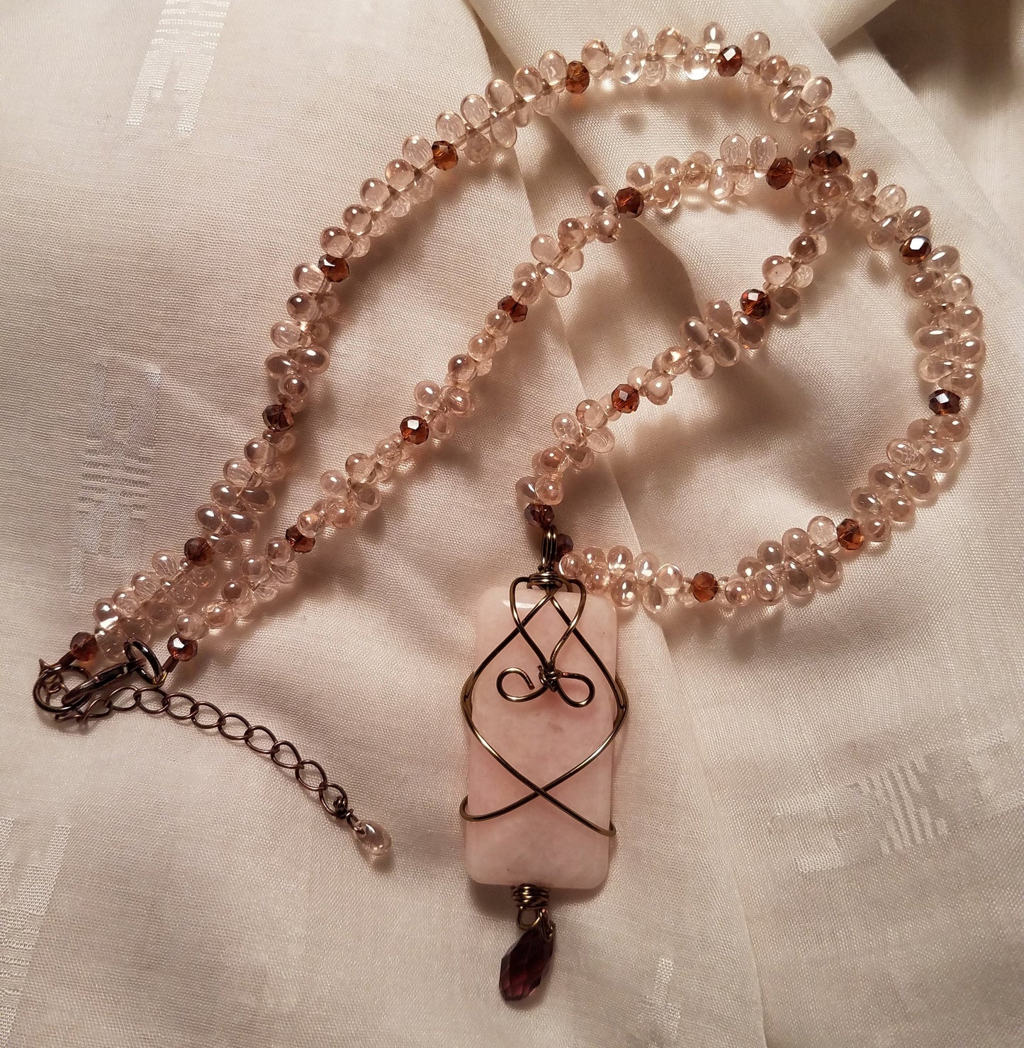 Rose Quartz Pendant with Antique Brass Wire Work and Drop Bead Necklace