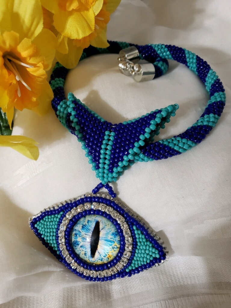 Blue and Teal Beaded Dragon Eye Pendant on Beaded Twist Rope Necklace