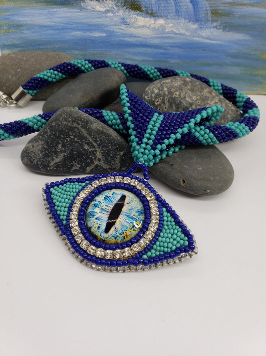 Blue and Teal Beaded Dragon Eye Pendant on Beaded Twist Rope Necklace