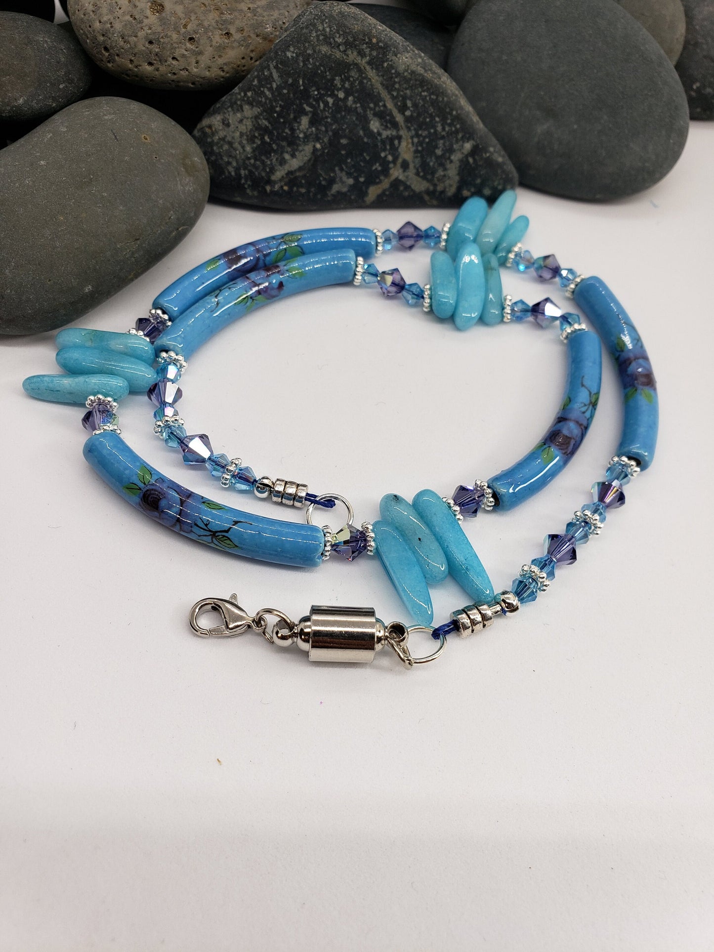 Porcelain Tube Necklace with Turquoise Magnesite Spike Stones and Swarovski Crystals