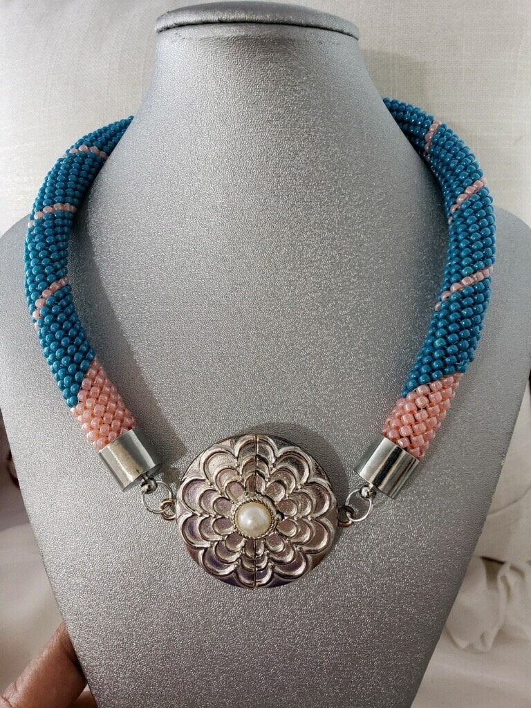Teal and Peach Beaded Rope Necklace