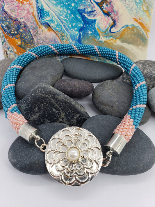 Teal and Peach Beaded Rope Necklace