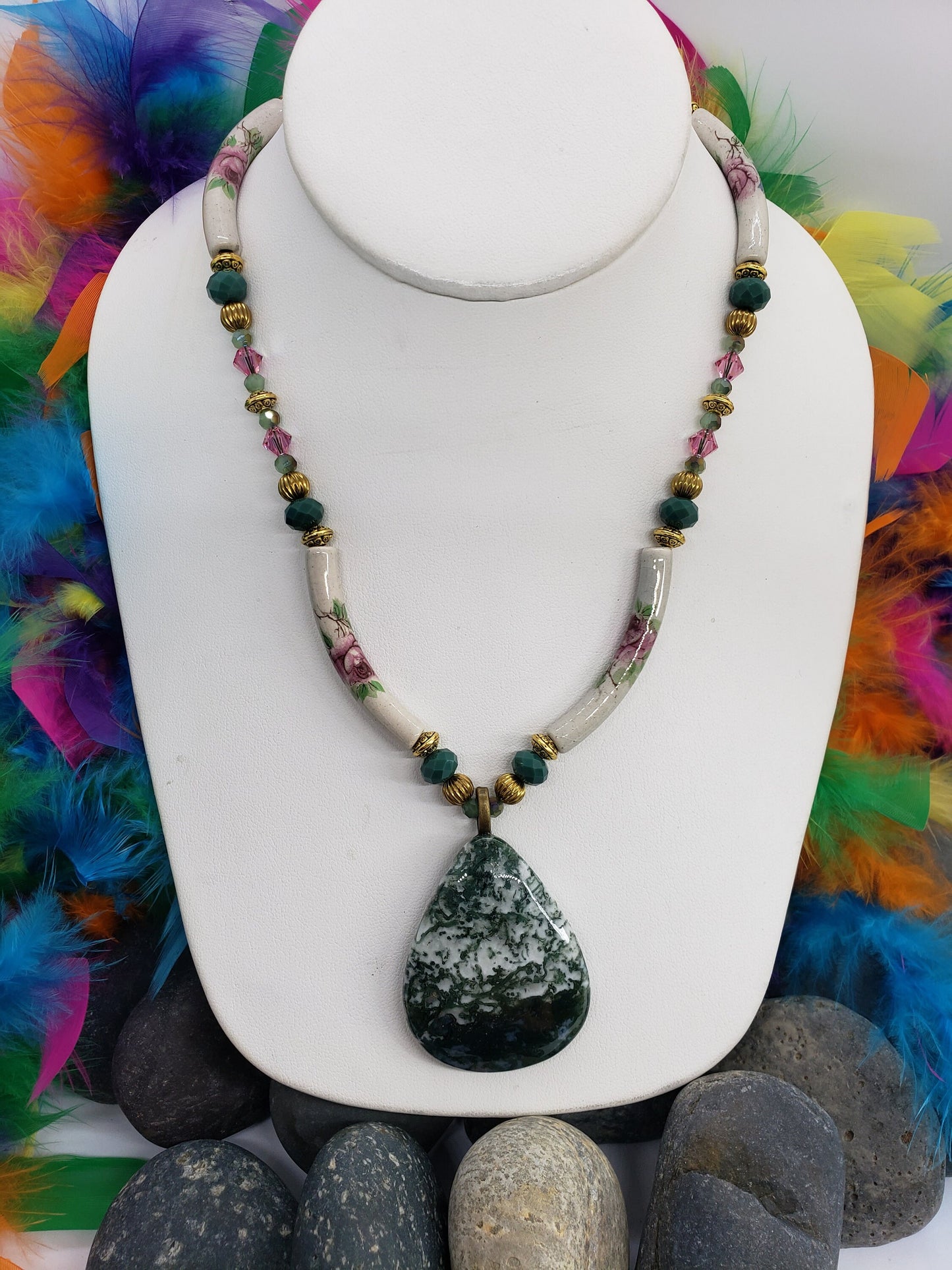 Tree Agate Pendant on Porcelain Tube and Beaded Necklace