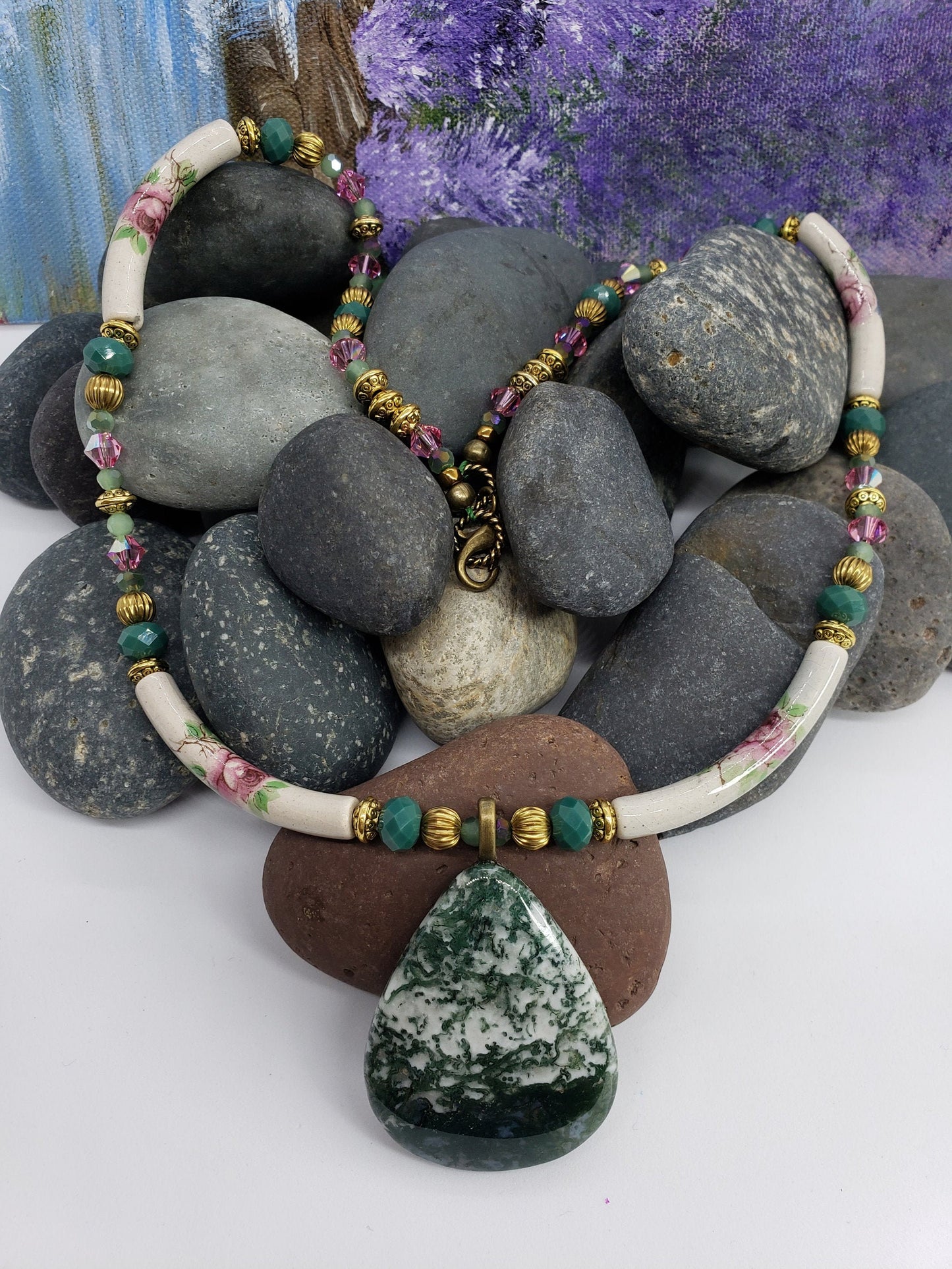 Tree Agate Pendant on Porcelain Tube and Beaded Necklace