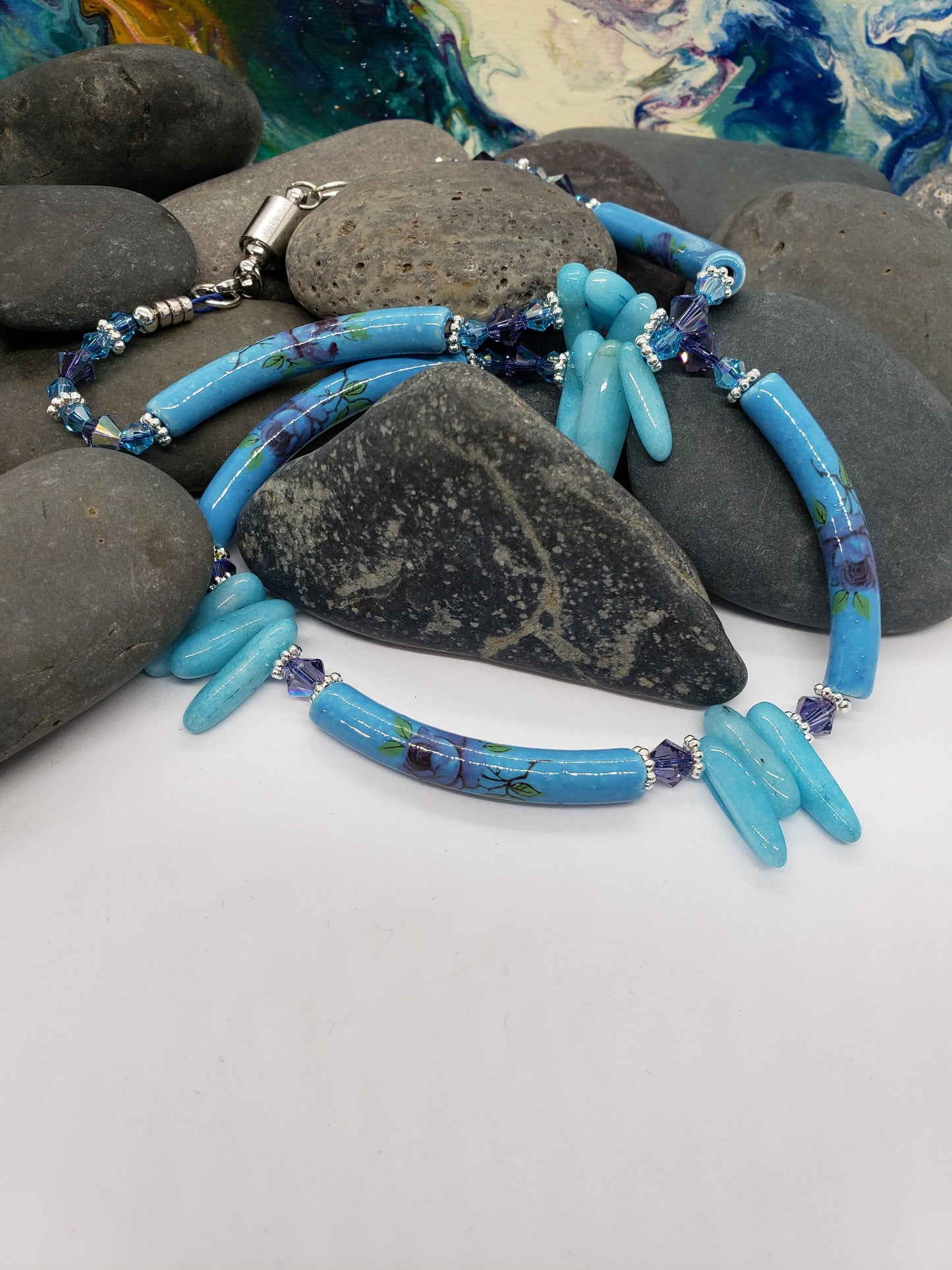 Porcelain Tube Necklace with Turquoise Magnesite Spike Stones and Swarovski Crystals